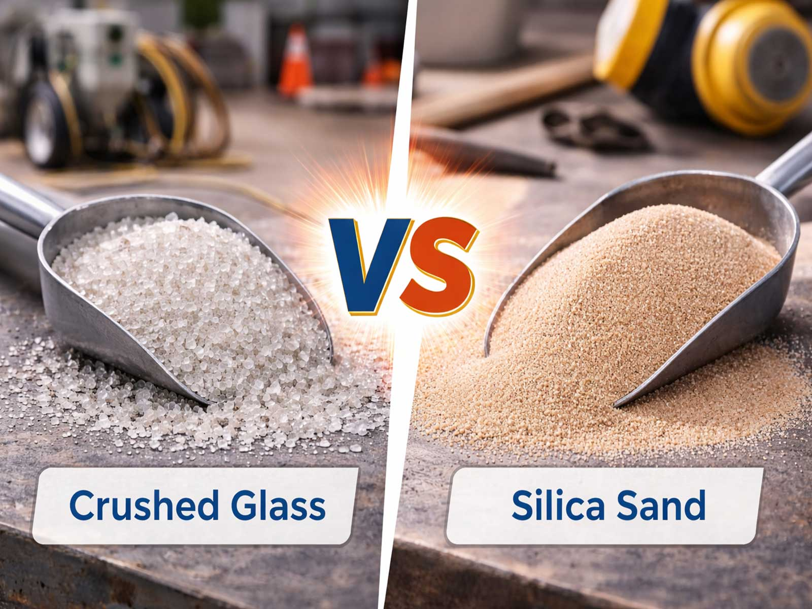Crushed glass blasting media vs silica sand side-by-side comparison