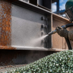 Industrial worker blasting steel surface with recycled glass abrasive media