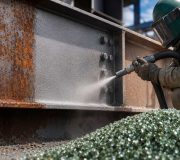 Industrial worker blasting steel surface with recycled glass abrasive media