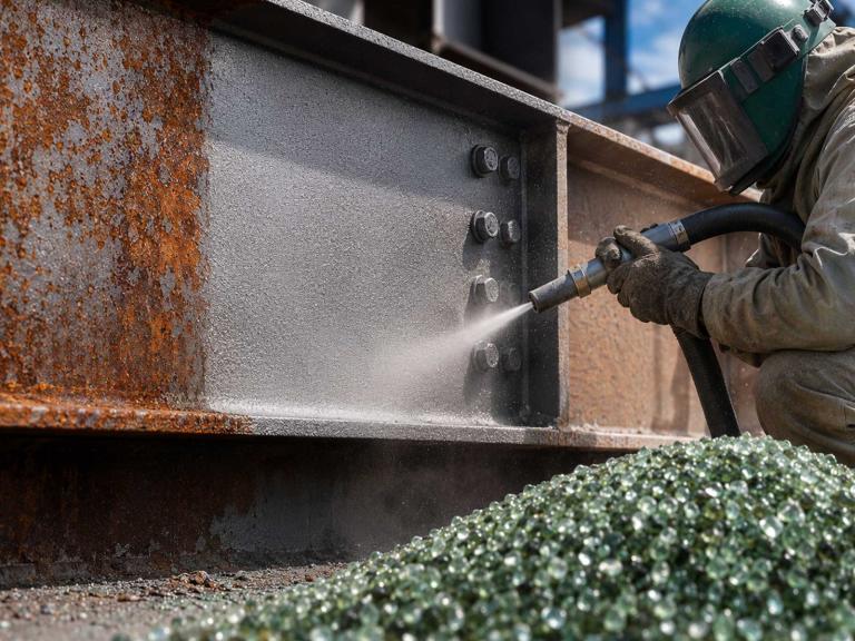 Industrial worker blasting steel surface with recycled glass abrasive media