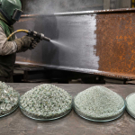 Recycled crushed glass abrasive grains in four mesh grades on a dark industrial surface