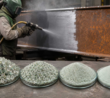 Recycled crushed glass abrasive grains in four mesh grades on a dark industrial surface