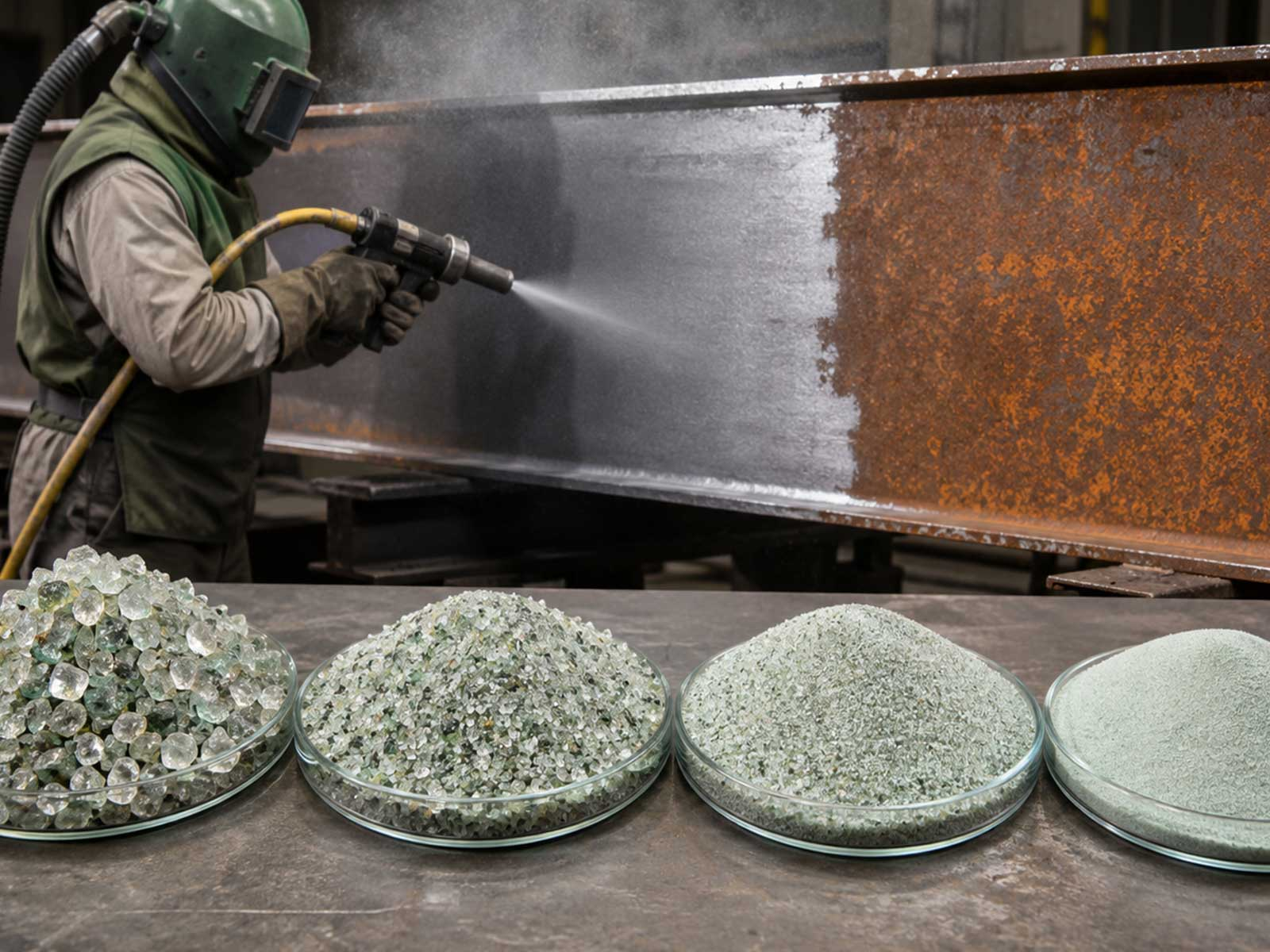 Recycled crushed glass abrasive grains in four mesh grades on a dark industrial surface
