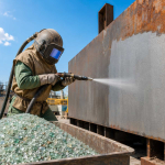 Blast contractor in full PPE using recycled glass abrasive on a steel structure in summer outdoor setting