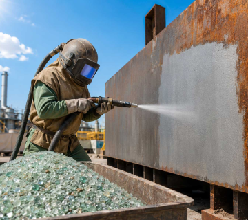 Blast contractor in full PPE using recycled glass abrasive on a steel structure in summer outdoor setting