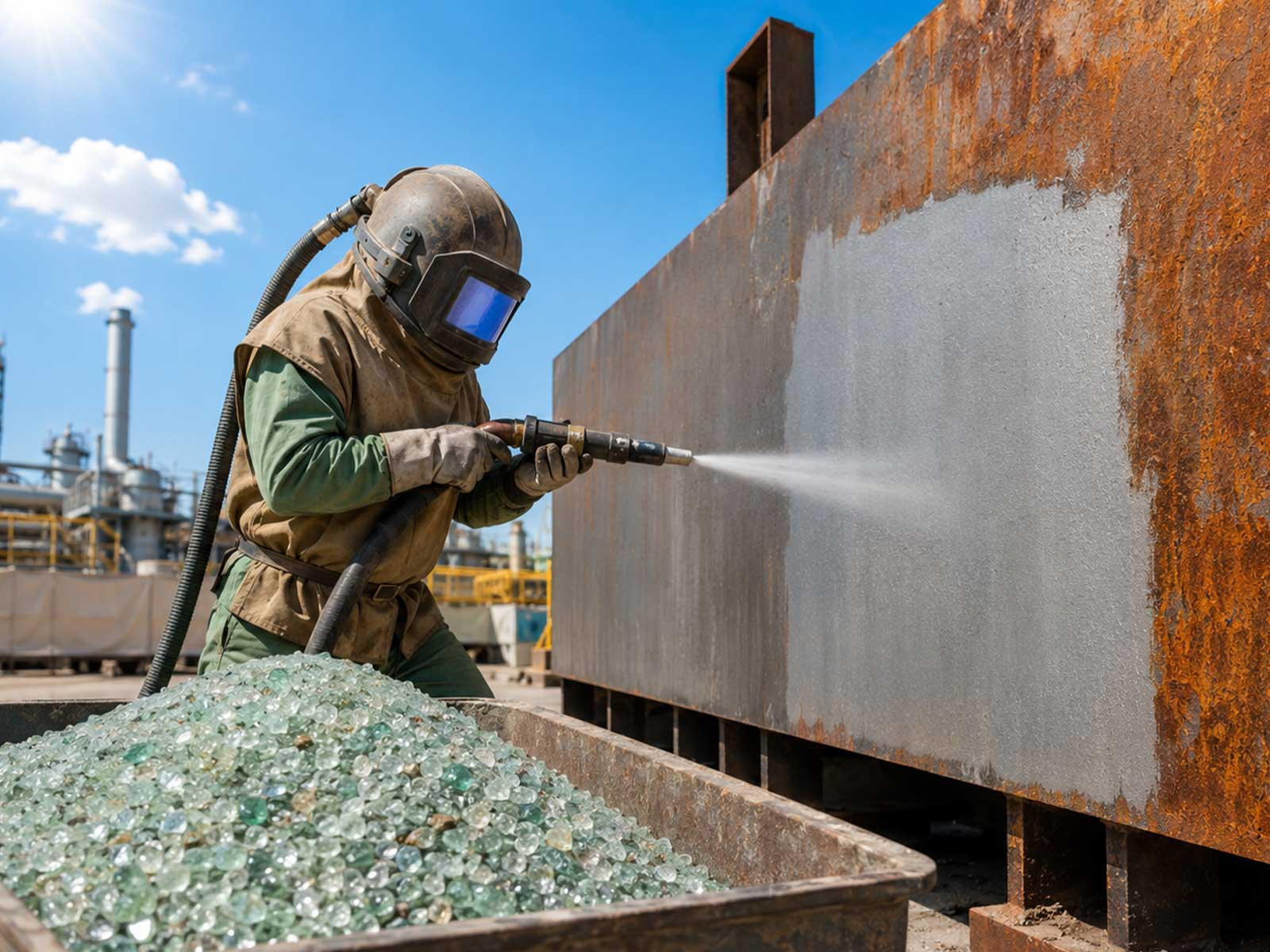 Blast contractor in full PPE using recycled glass abrasive on a steel structure in summer outdoor setting